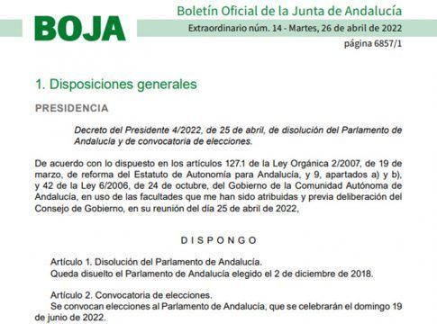 Publicado en el BOJA el decreto del presidente de disolución del Parlamento y convocatoria electoral